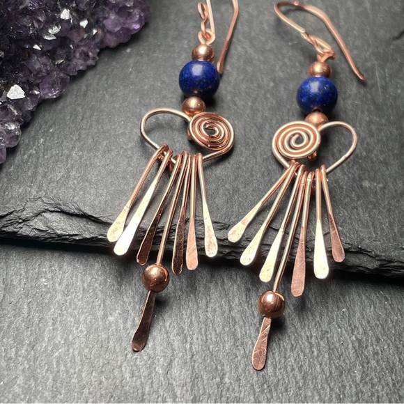 Genuine Blue Lapiz Lazuli Beaded Fringe Copper Earrings Artisan Designed - Picture 5 of 15